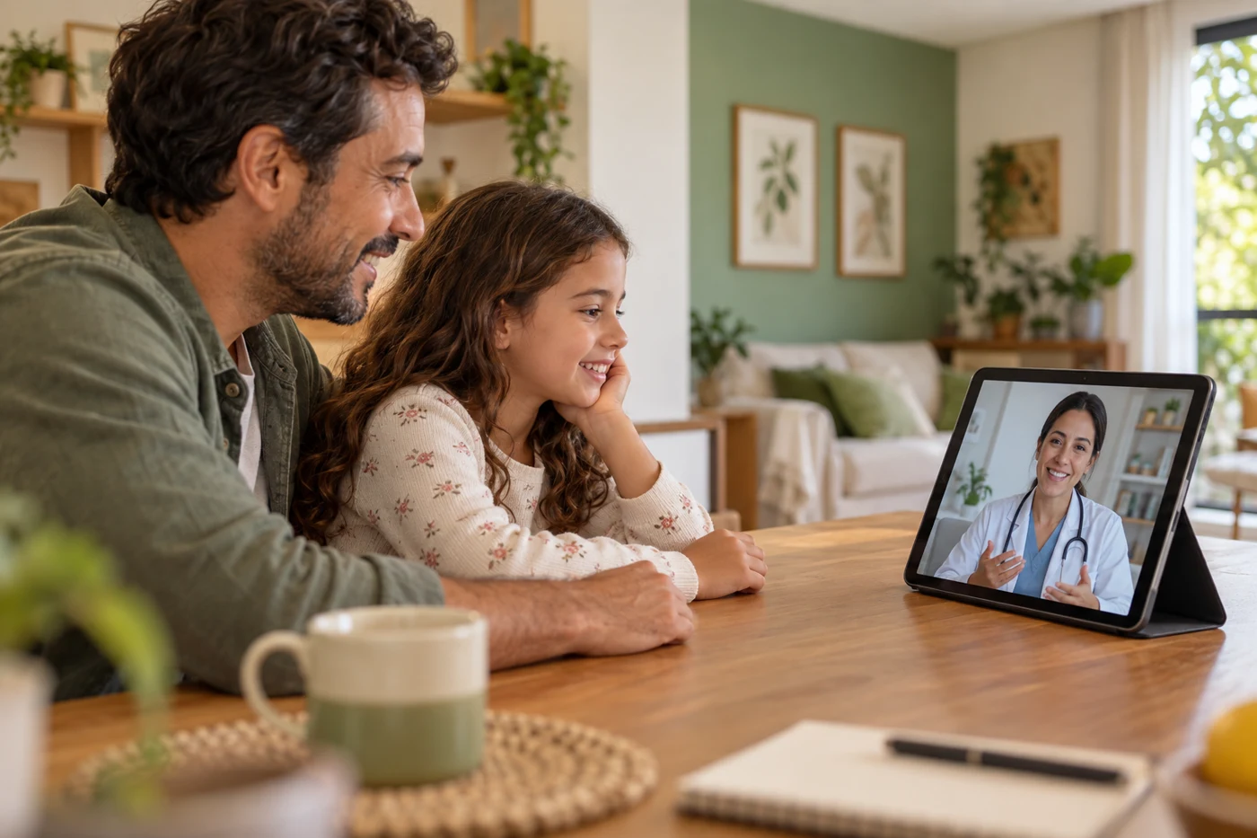 Pai e filha participando de uma teleconsulta com uma médica